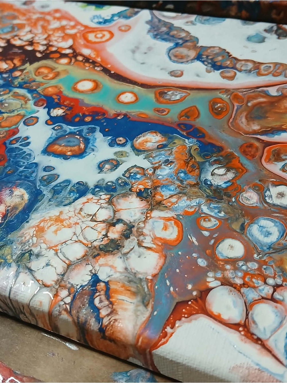 Tara~Staller Modern Abstract Fluid Art Painting in Blue, Orange, Teal, White
